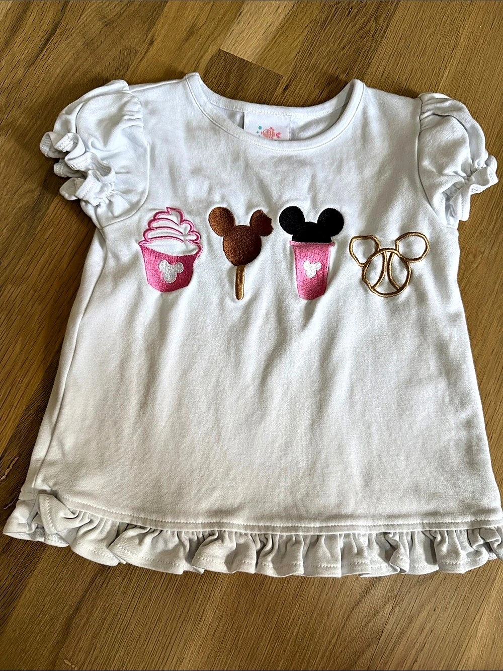 Stitchy Fish Magical Snacks Applique Ruffle Shirt Tee White & Pink Girls 2T
